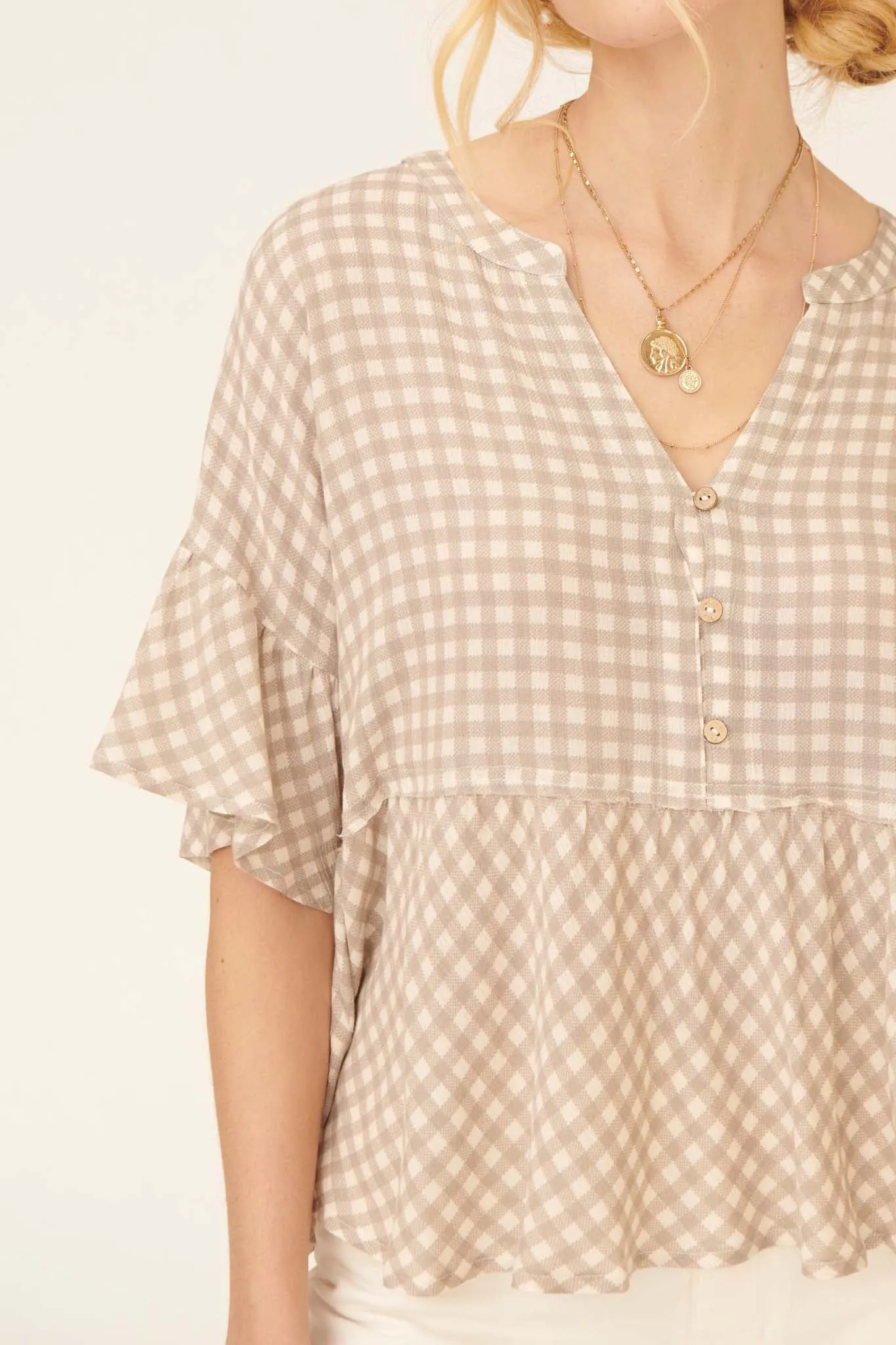 Weekender Ruffled Plaid Henley Babydoll Top