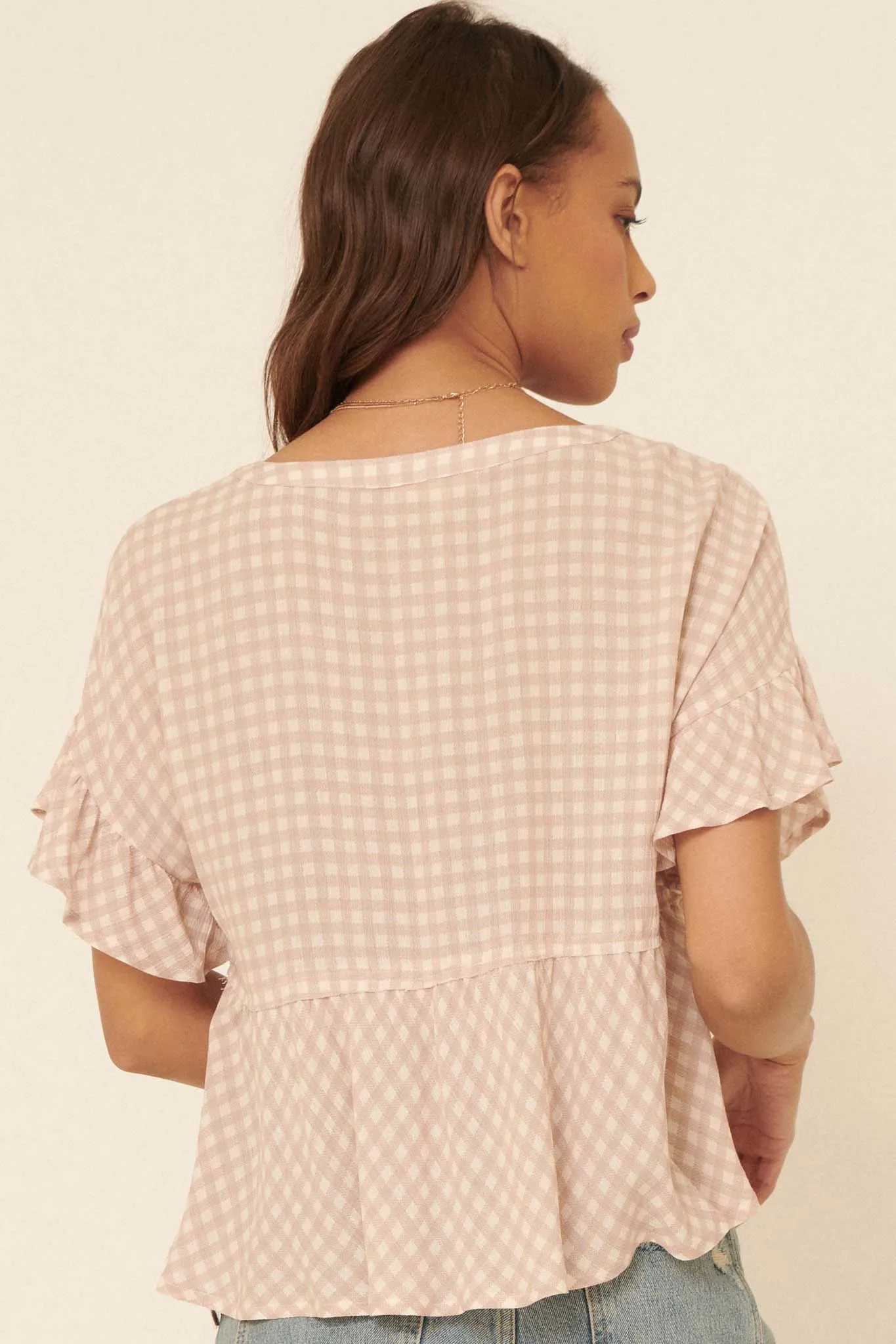 Weekender Ruffled Plaid Henley Babydoll Top