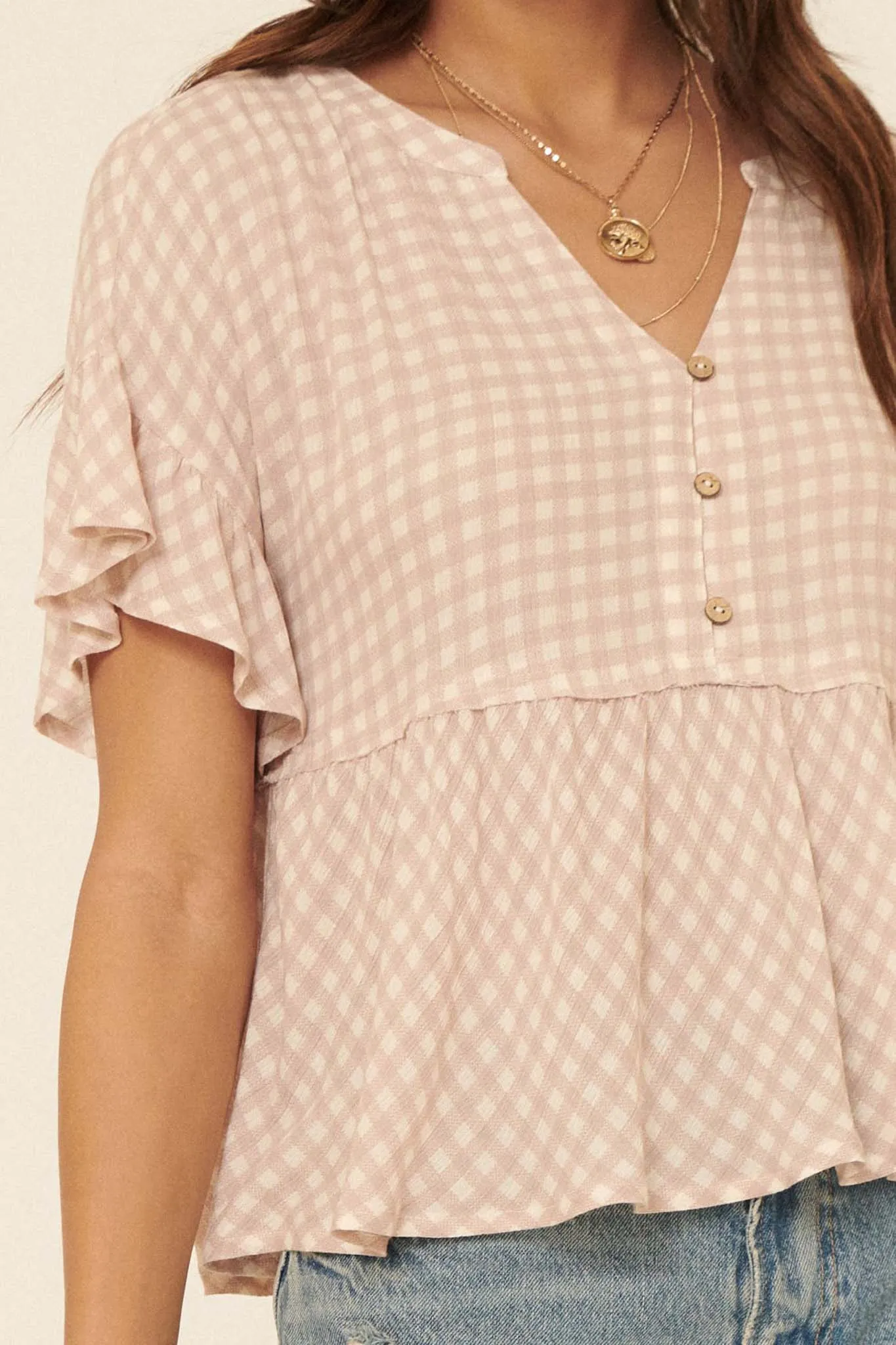 Weekender Ruffled Plaid Henley Babydoll Top