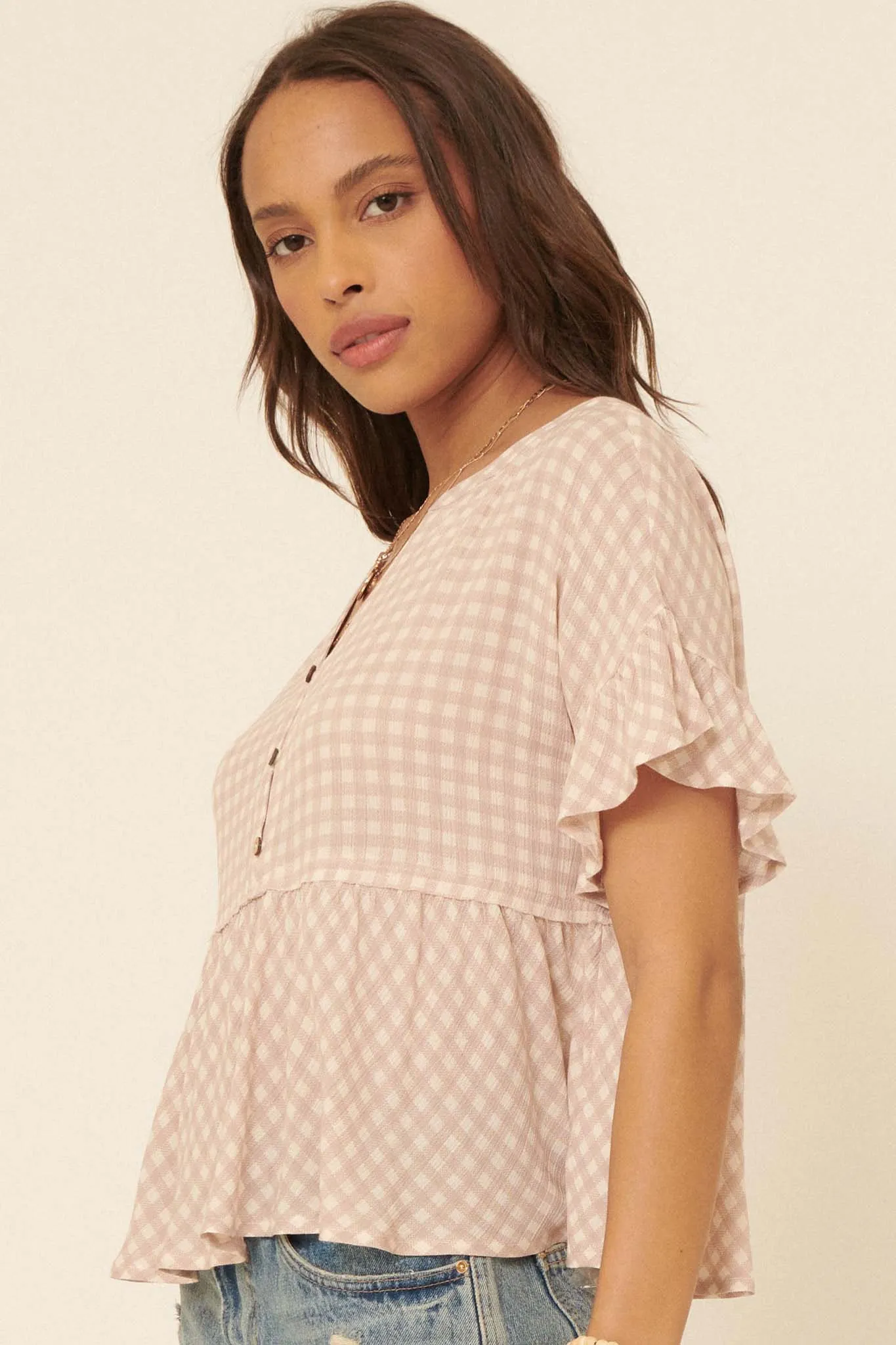 Weekender Ruffled Plaid Henley Babydoll Top
