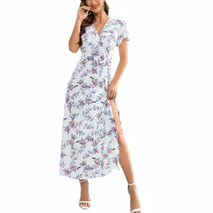 White Floral Wrap Dress | Slit Hem Maxi