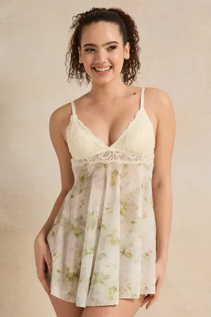 Women Beige Printed Mesh Babydoll With String (2 Piece)