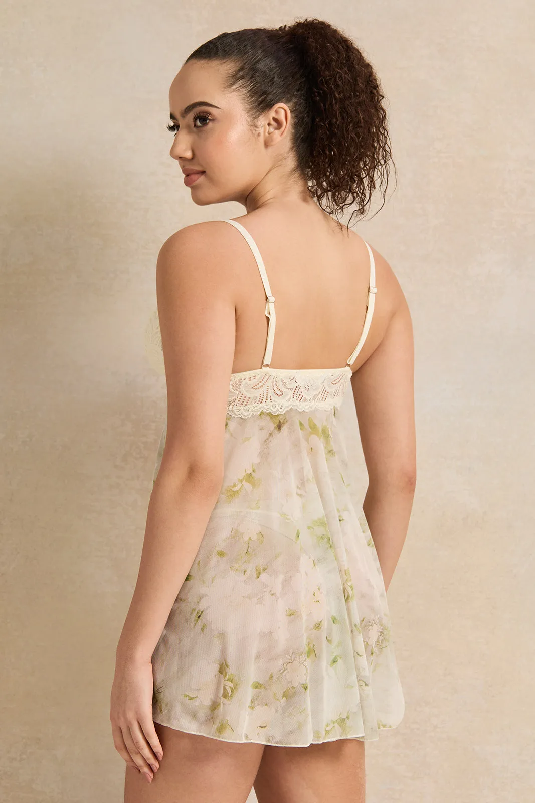 Women Beige Printed Mesh Babydoll With String (2 Piece)