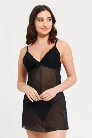 Women Black Bow Detail Padded Babydoll (2 Piece)