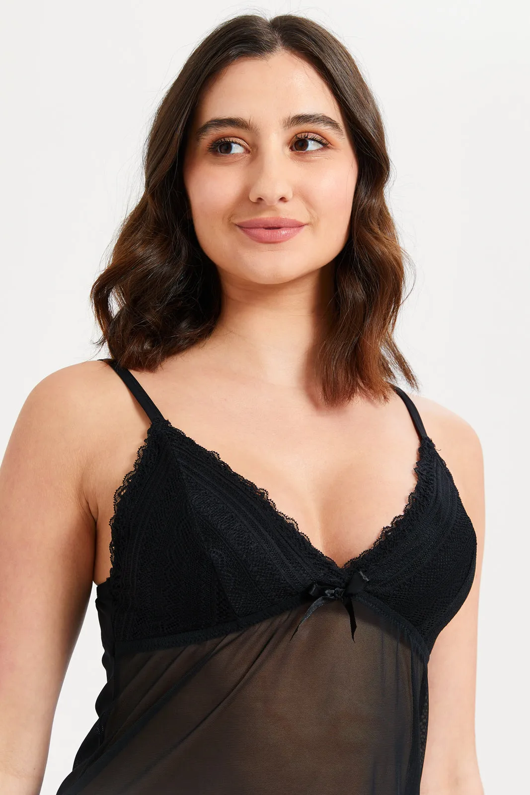 Women Black Bow Detail Padded Babydoll (2 Piece)