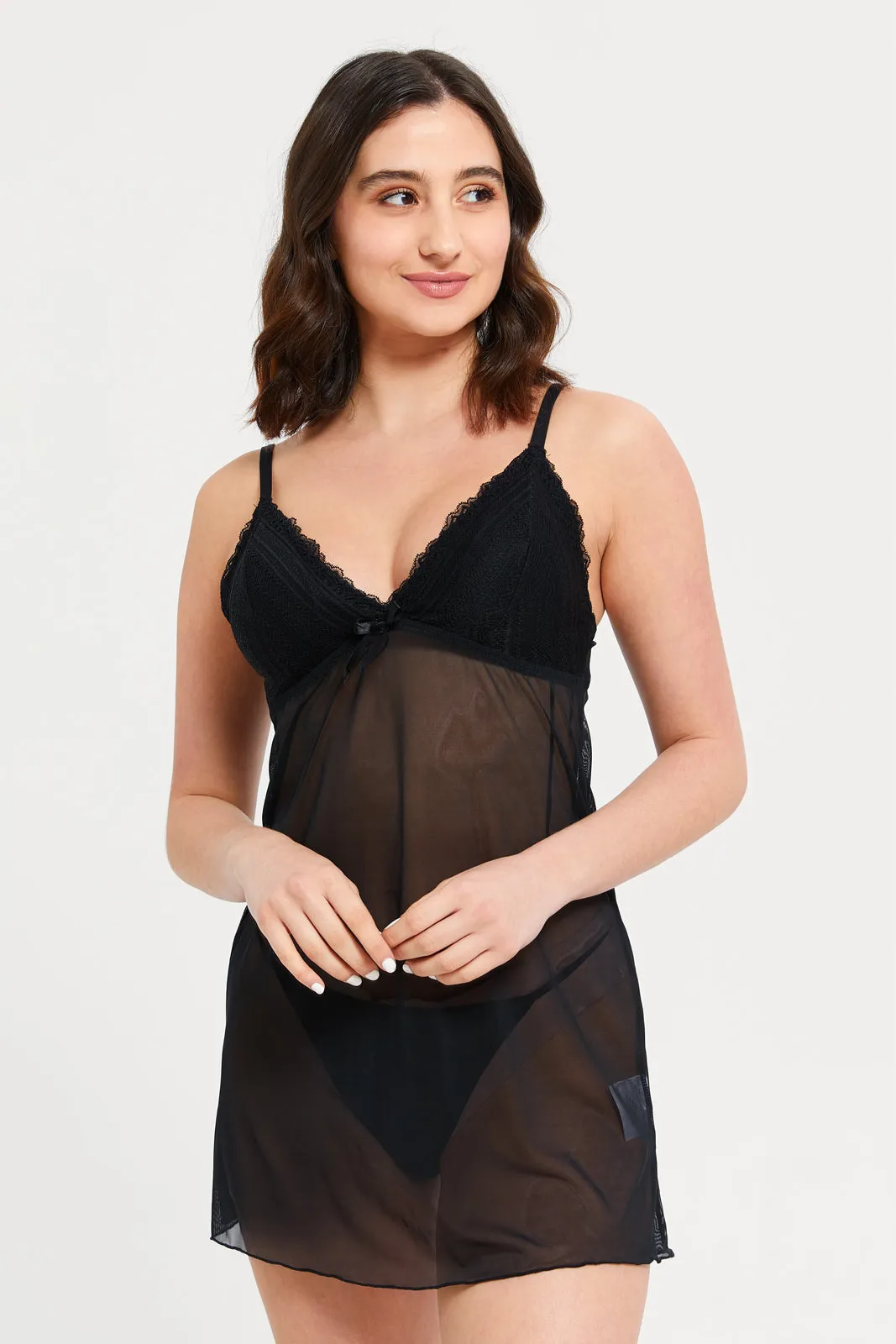 Women Black Bow Detail Padded Babydoll (2 Piece)