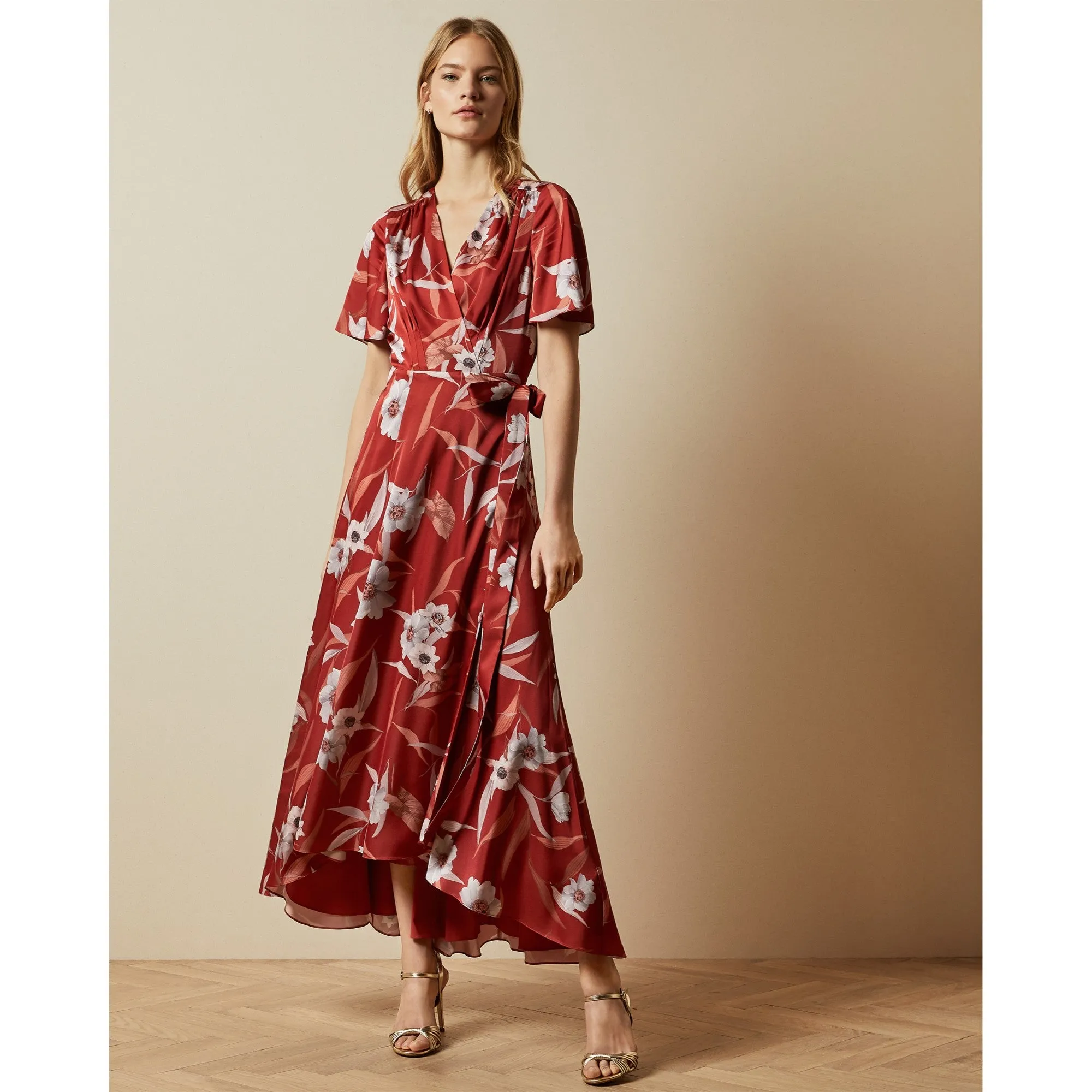 Women Errika-Red Cabana Dip Hem Wrap Dress - Dark-Brown