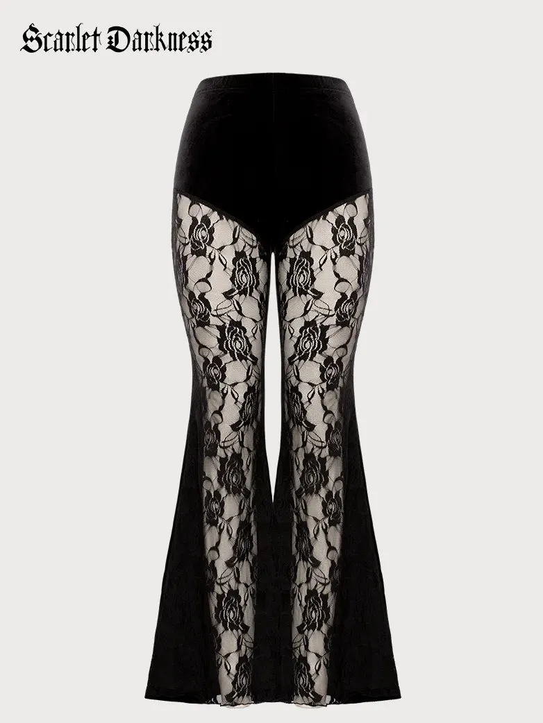 Women Victorian Goth Style Black Lace Velvet Flared Trousers