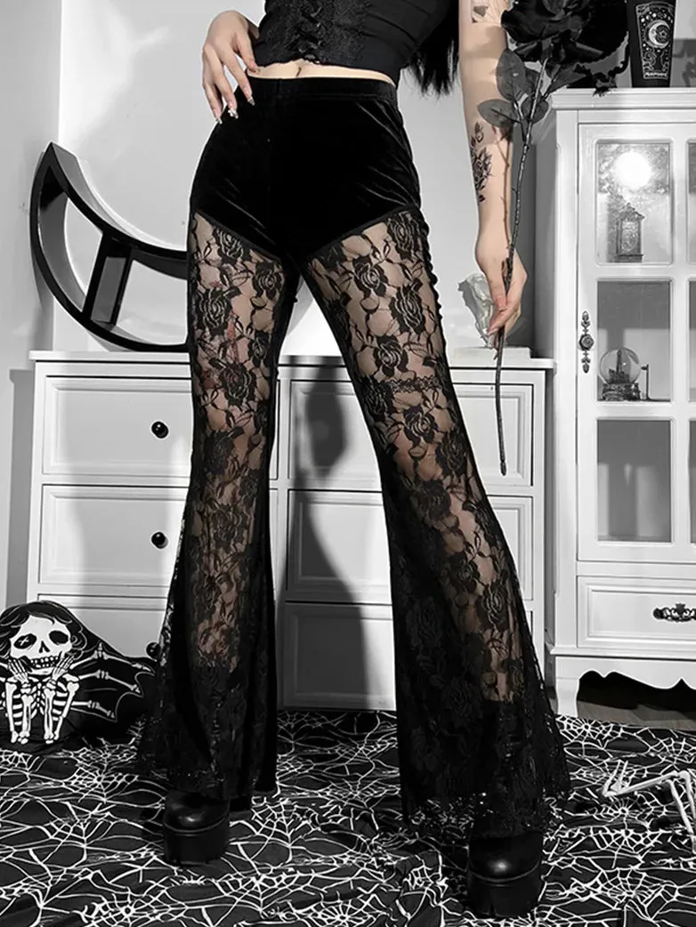 Women Victorian Goth Style Black Lace Velvet Flared Trousers
