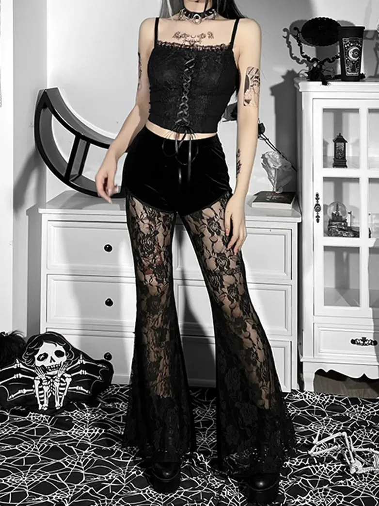 Women Victorian Goth Style Black Lace Velvet Flared Trousers