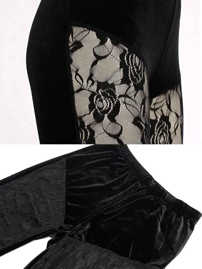 Women Victorian Goth Style Black Lace Velvet Flared Trousers