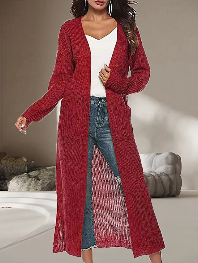 Women's Cardigan Sweater Jumper Ribbed Knit Pocket Split Solid Color Open Front Stylish Casual Outdoor Daily Spring Fall Black White S M L