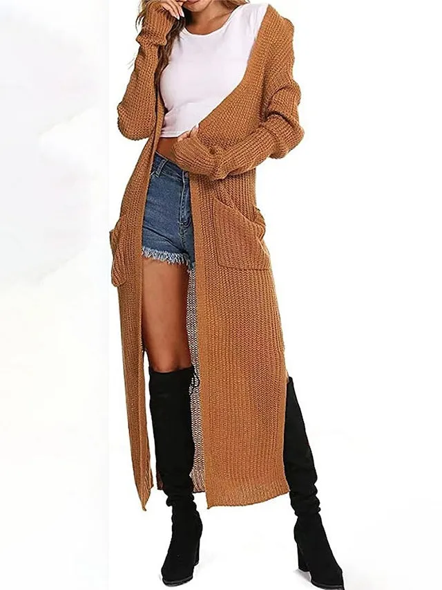 Women's Cardigan Sweater Jumper Ribbed Knit Pocket Split Solid Color Open Front Stylish Casual Outdoor Daily Spring Fall Black White S M L