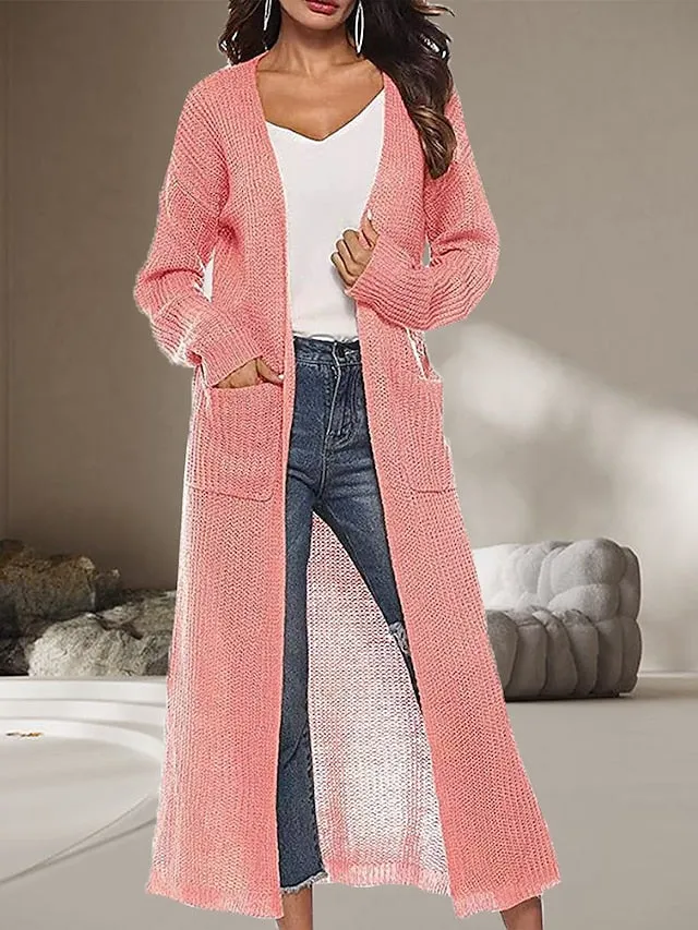 Women's Cardigan Sweater Jumper Ribbed Knit Pocket Split Solid Color Open Front Stylish Casual Outdoor Daily Spring Fall Black White S M L