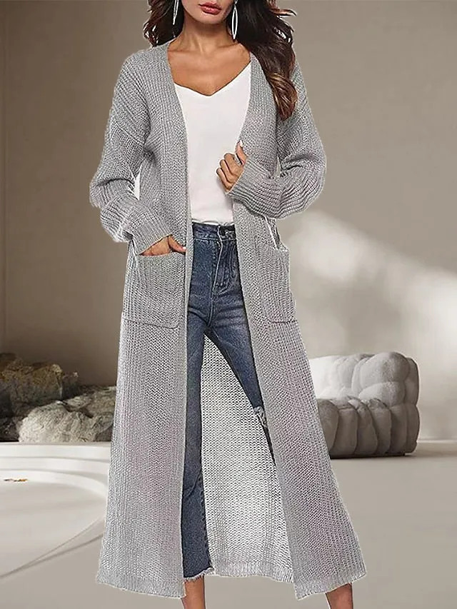 Women's Cardigan Sweater Jumper Ribbed Knit Pocket Split Solid Color Open Front Stylish Casual Outdoor Daily Spring Fall Black White S M L