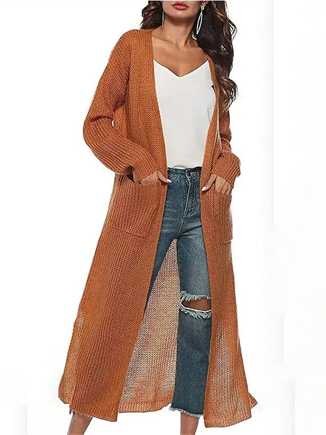 Women's Cardigan Sweater Jumper Ribbed Knit Pocket Split Solid Color Open Front Stylish Casual Outdoor Daily Spring Fall Black White S M L