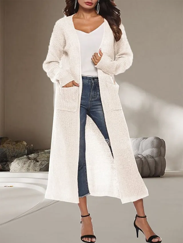 Women's Cardigan Sweater Jumper Ribbed Knit Pocket Split Solid Color Open Front Stylish Casual Outdoor Daily Spring Fall Black White S M L