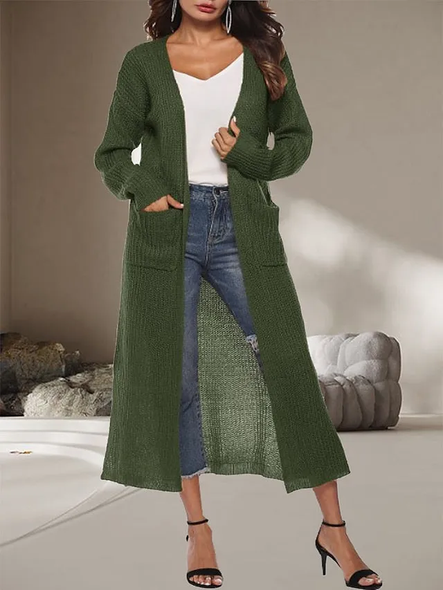 Women's Cardigan Sweater Jumper Ribbed Knit Pocket Split Solid Color Open Front Stylish Casual Outdoor Daily Spring Fall Black White S M L