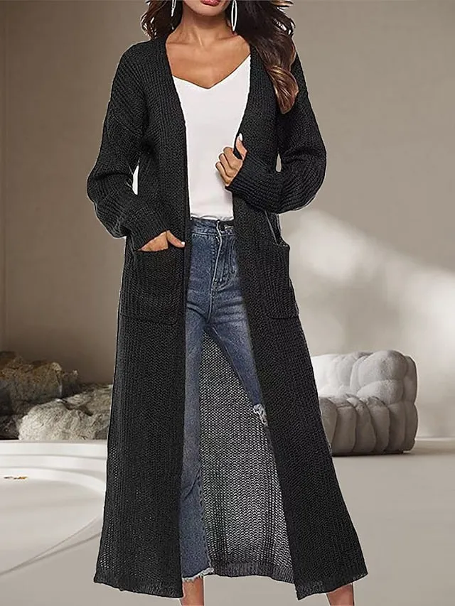 Women's Cardigan Sweater Jumper Ribbed Knit Pocket Split Solid Color Open Front Stylish Casual Outdoor Daily Spring Fall Black White S M L