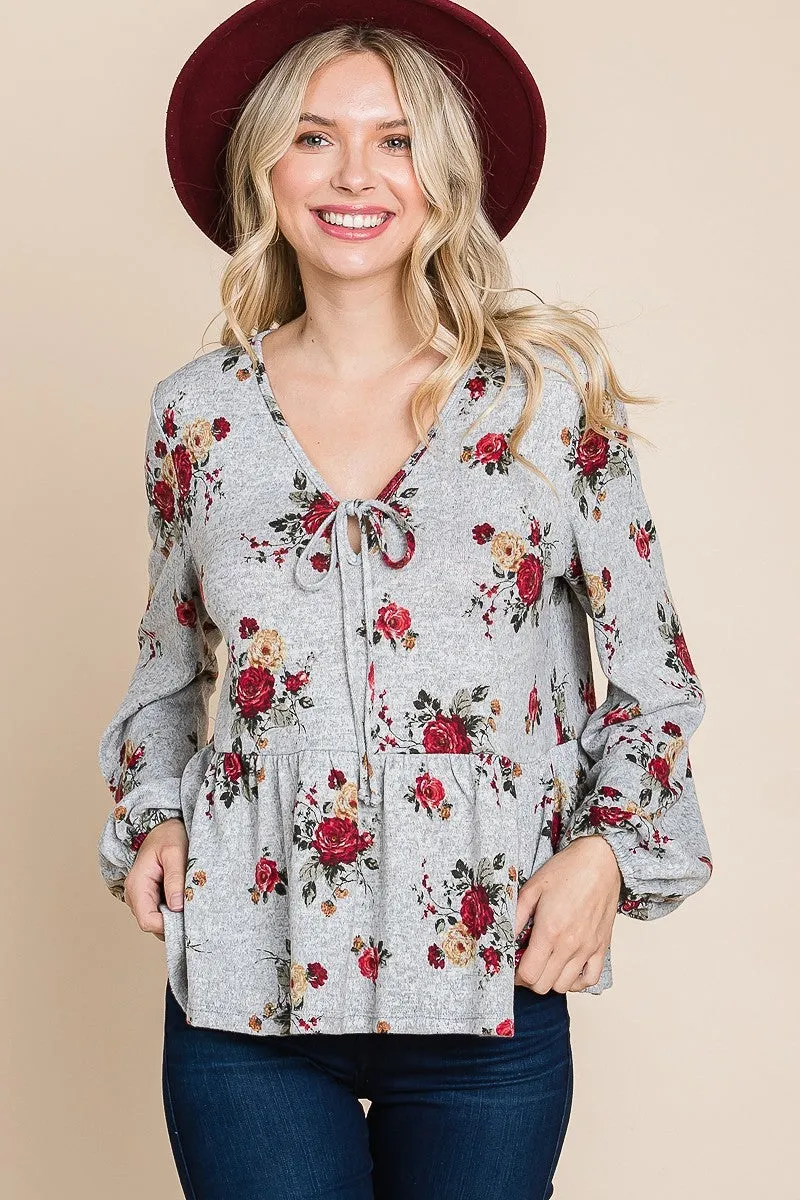 Women's Floral Hacci Printed Babydoll Top With Elastic Cuff Sleeves
