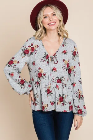 Women's Floral Hacci Printed Babydoll Top With Elastic Cuff Sleeves