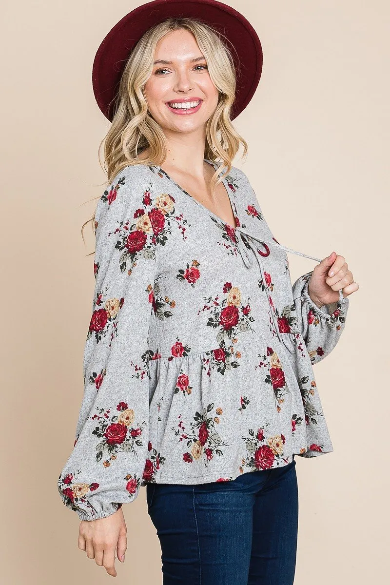 Women's Floral Hacci Printed Babydoll Top With Elastic Cuff Sleeves