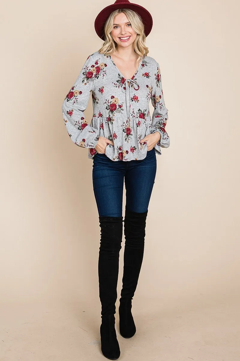Women's Floral Hacci Printed Babydoll Top With Elastic Cuff Sleeves