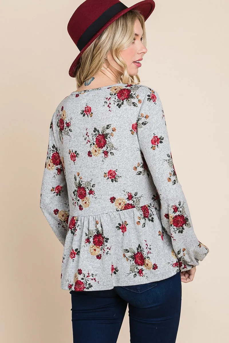 Women's Floral Hacci Printed Babydoll Top With Elastic Cuff Sleeves