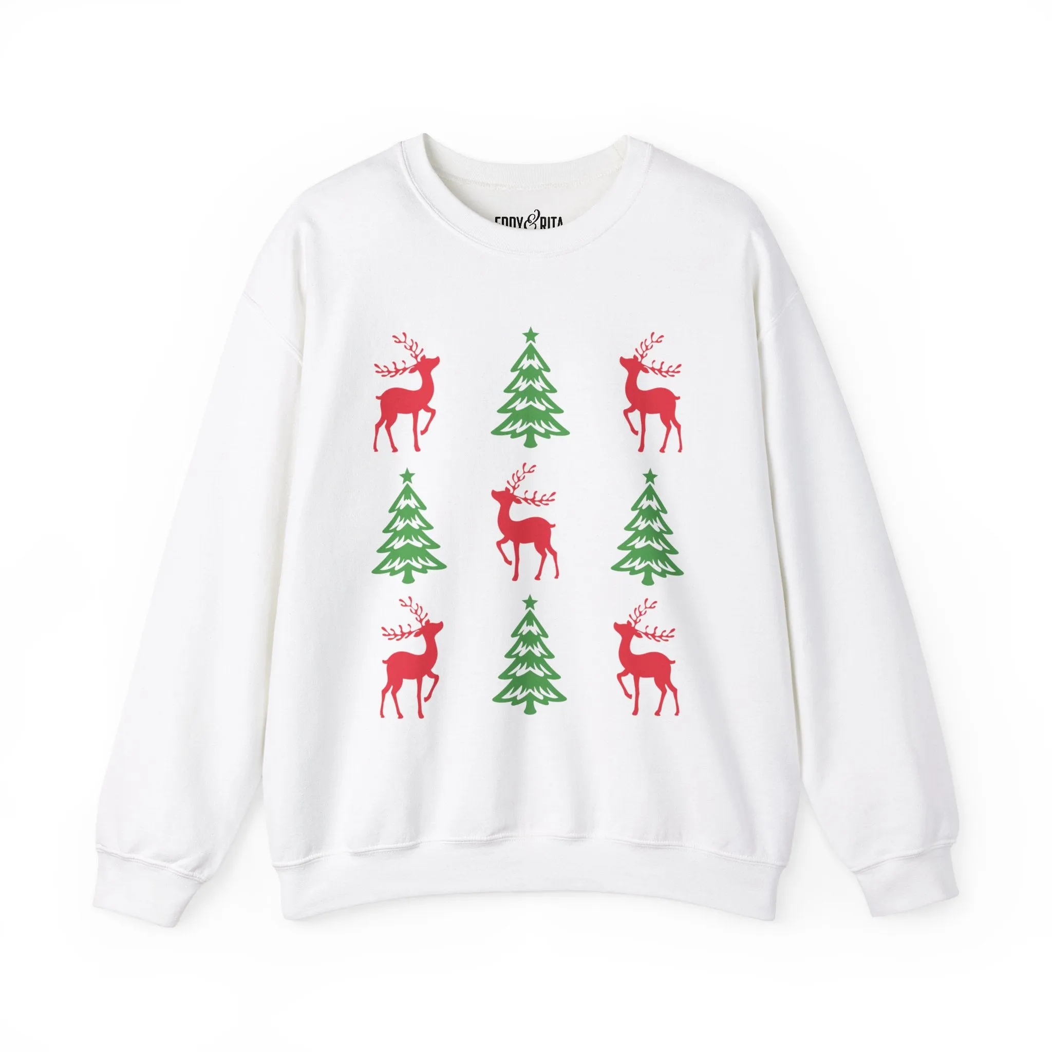 Women's Heavy Sweatshirt – "Christmas Tree Reindeers" Festive Holiday Graphic Sweatshirt