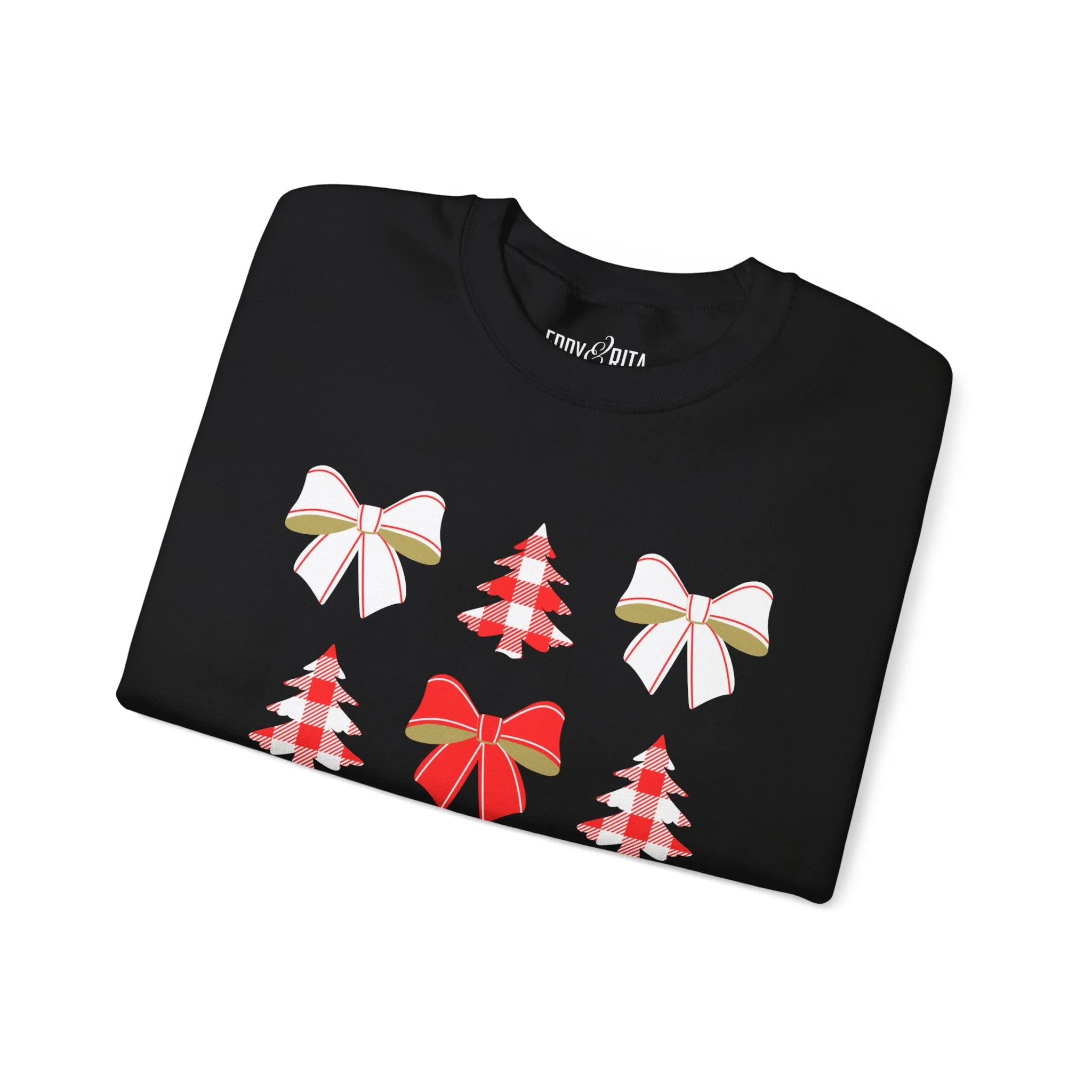 Women's Heavy Sweatshirt – "Christmas Trees and Bows" Festive Holiday Graphic Sweatshirt
