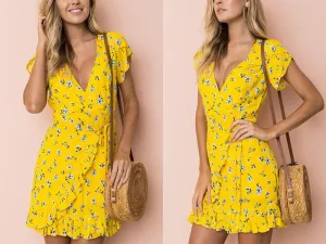 YELLOW FLORAL MINI ITS A WRAP DRESS
