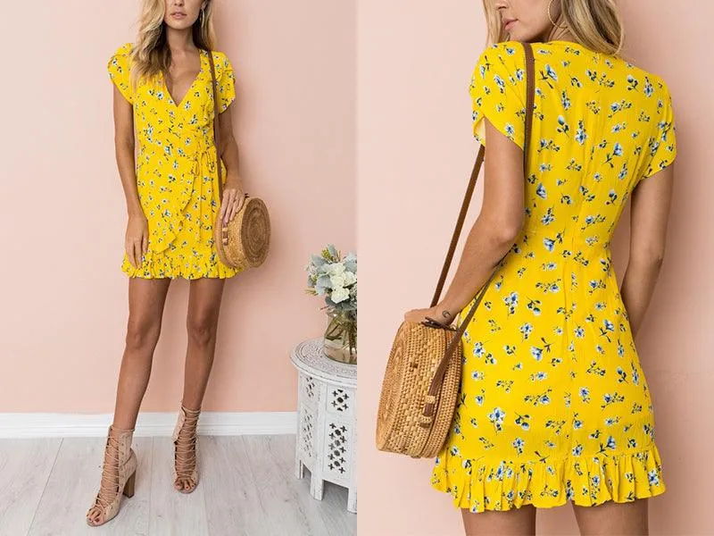 YELLOW FLORAL MINI ITS A WRAP DRESS
