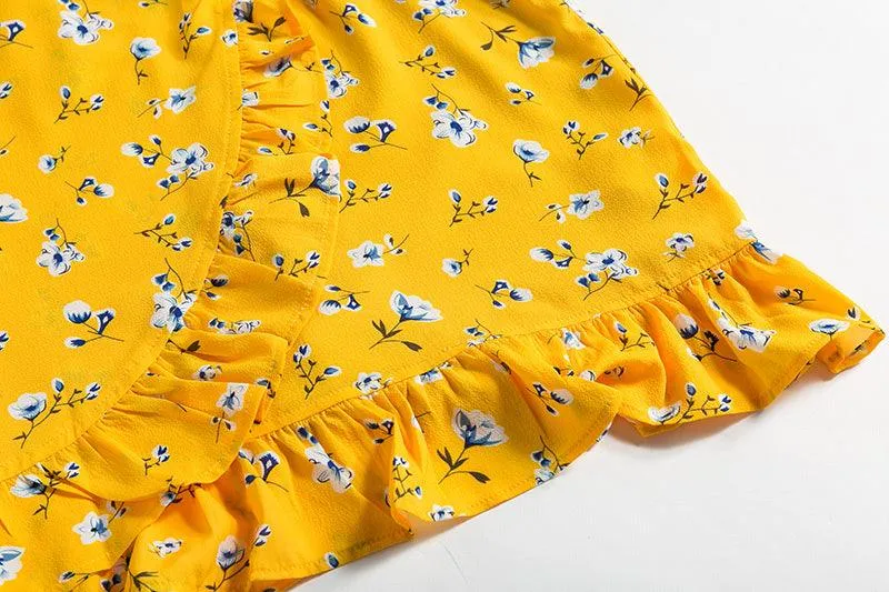 YELLOW FLORAL MINI ITS A WRAP DRESS
