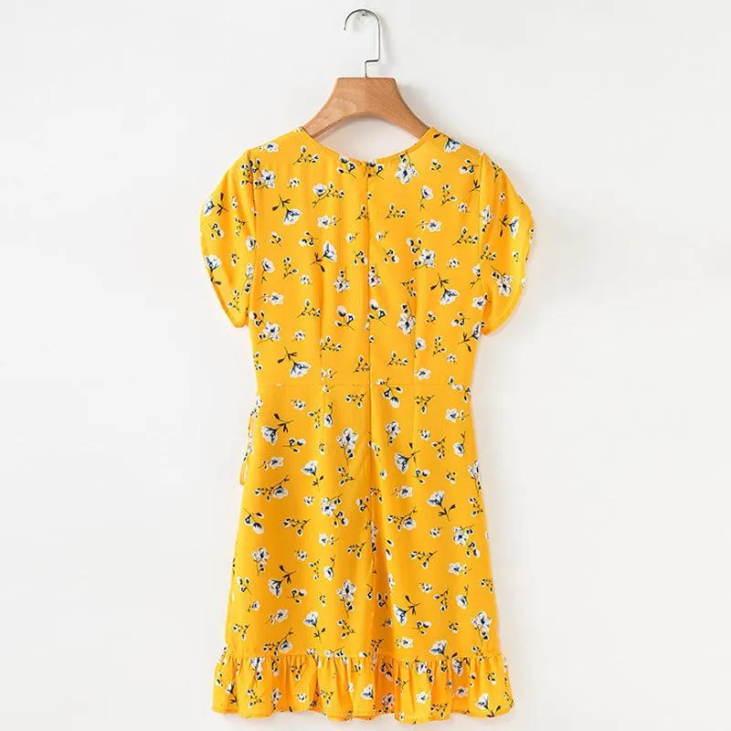 YELLOW FLORAL MINI ITS A WRAP DRESS