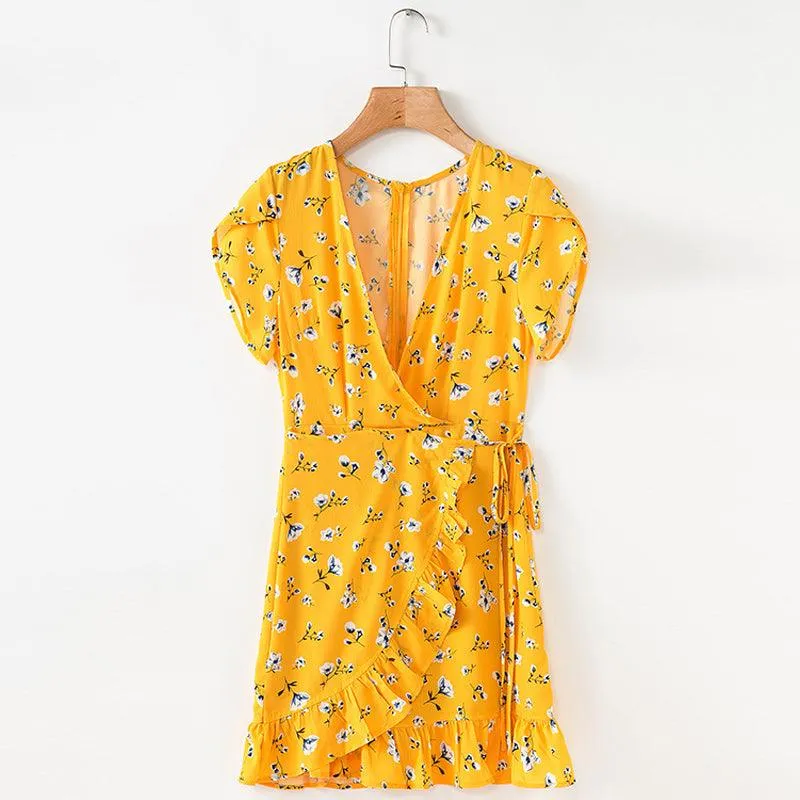 YELLOW FLORAL MINI ITS A WRAP DRESS
